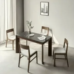 SCANIA Natural Wood Dining Table Set with 4 Chairs - 6 Chairs (Brown - Marble Surface)